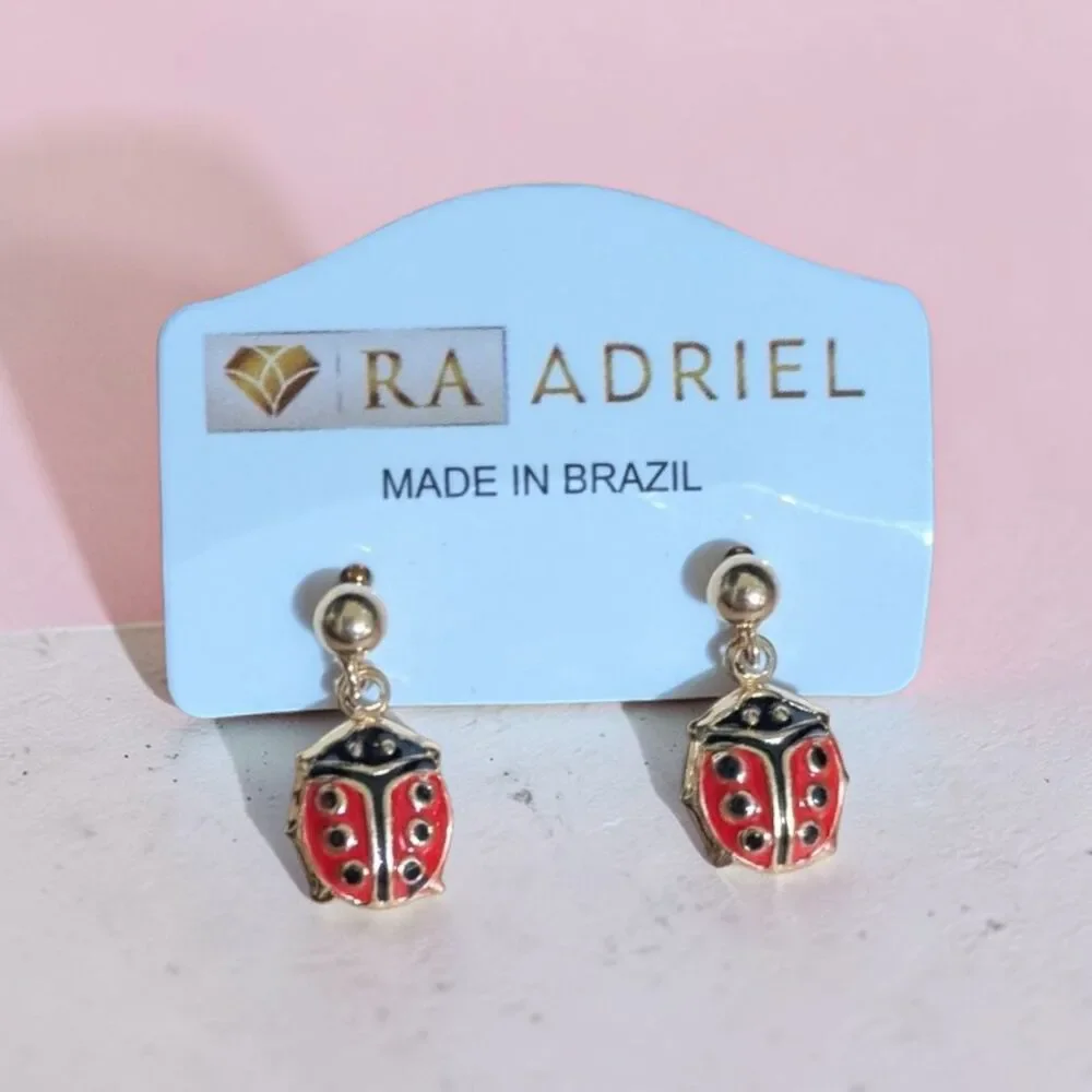 RA Adriel Ladybug Drop Earrings Gold Red Enamel Cute Kids Jewelry Gift